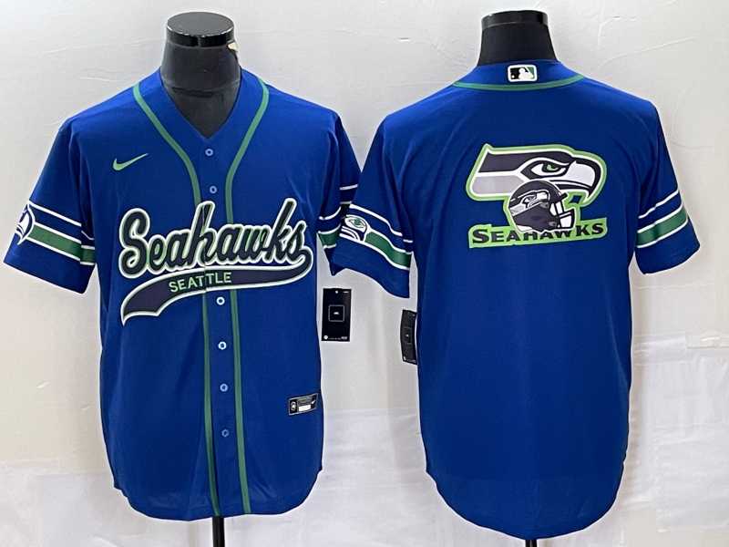 Men%27s Seattle Seahawks Big Logo Blue With Patch Cool Base Stitched Baseball Jersey